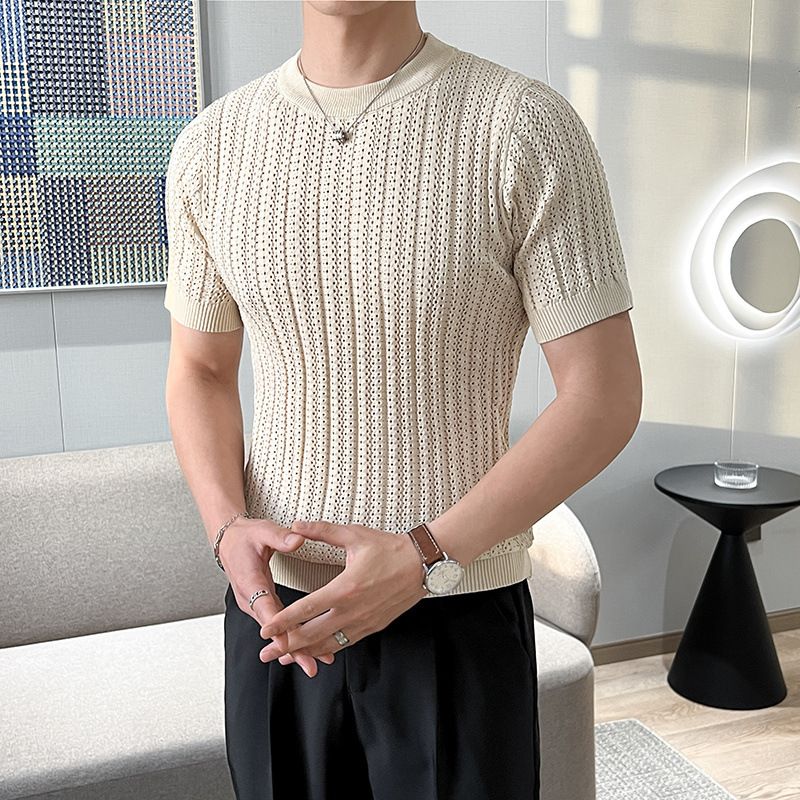 Pull en tricot de soie léger et frais, style mature, tendance, design pour hommes, petit col haut, manches courtes, frais, fin, respirant, coupe ajustée, col mi-haut_voghion.com