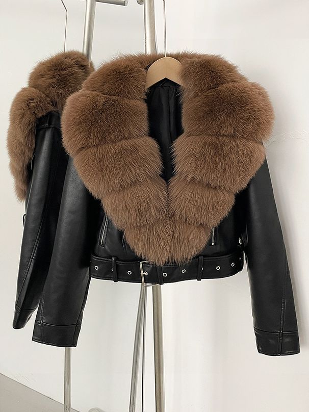 Fashion-Forward Fox Fur Bomber Jacket – Women’s Short PU Leather Coat With Detachable Fur Collar (XS-XL, Black + Silver Fox, Streetwear Chic)_voghion.com