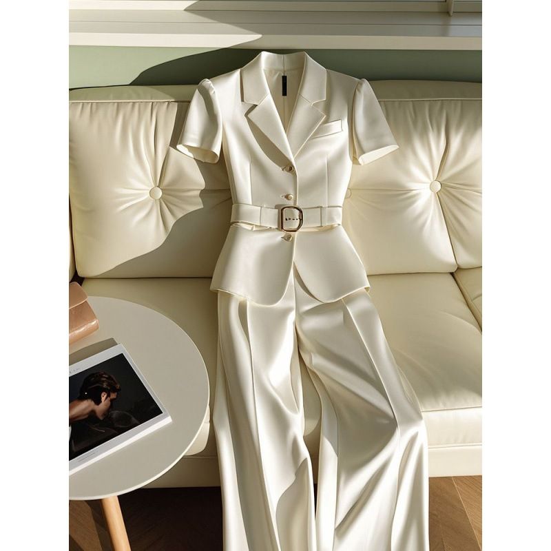 Vêtements pour femmes, hauts et pantalons blancs à manches courtes, costumes professionnels deux pièces_voghion.com