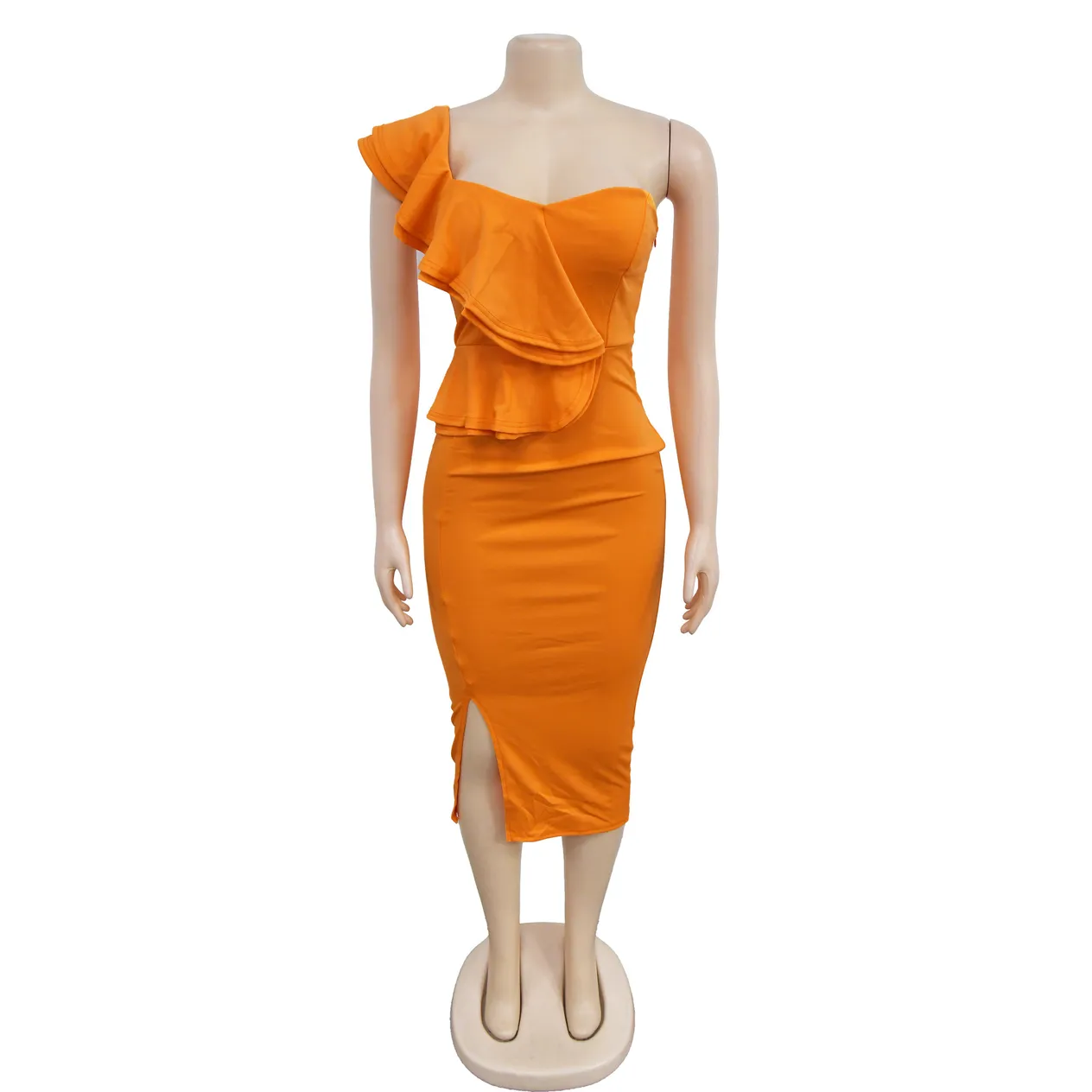 Women's Clothing fashion casual ruffled slit one shoulder sleeve dress women's clothing_voghion.com