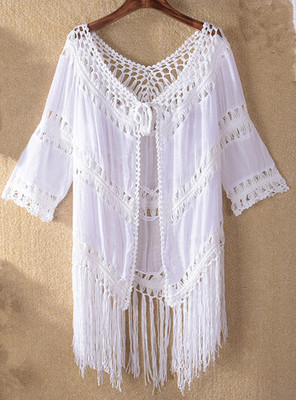 Women's  Clothing Hand Hook Patchwork Tassel Strappy Solid Color Hollow-out Sunscreen Blouse Cover-up_voghion.com