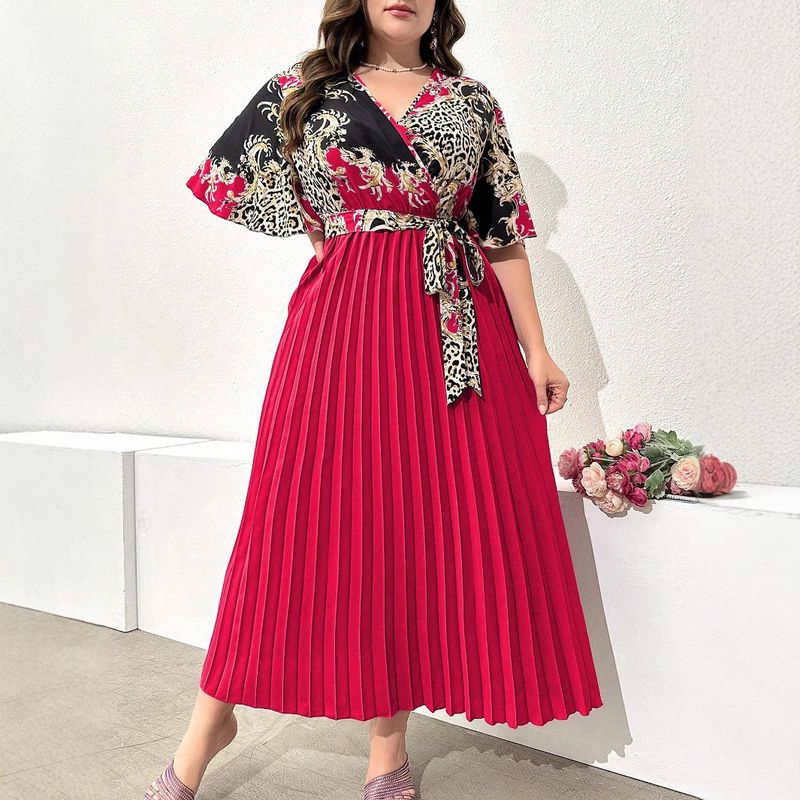 Vintage Floral Maxi Dress With Pleated Detail High Waist Elegant Boho Dress For Women, Plus Size 0XL-4XL V-Neck & Belted_voghion.com