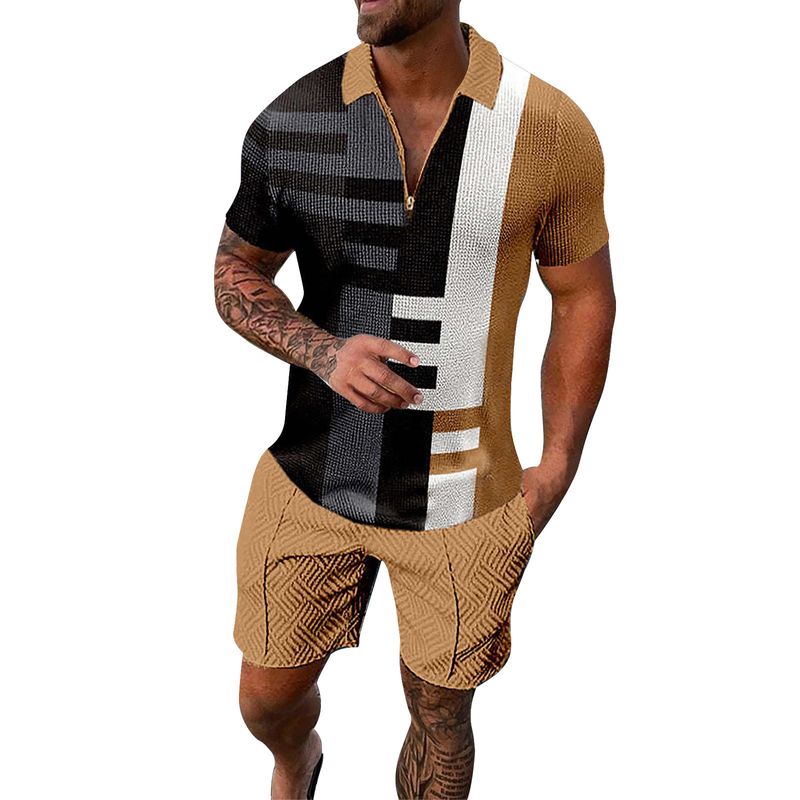 Große Größe Poloshirt für Herren in farblich passendem Kurzarm-Poloshirt mit Reißverschluss und 3D-Druck_voghion.com