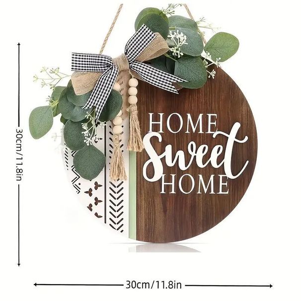 Targa per porta in legno Sweet Home con fiocco a righe, da appendere all'esterno, decorazioni primaverili con fiori bianchi_voghion.com