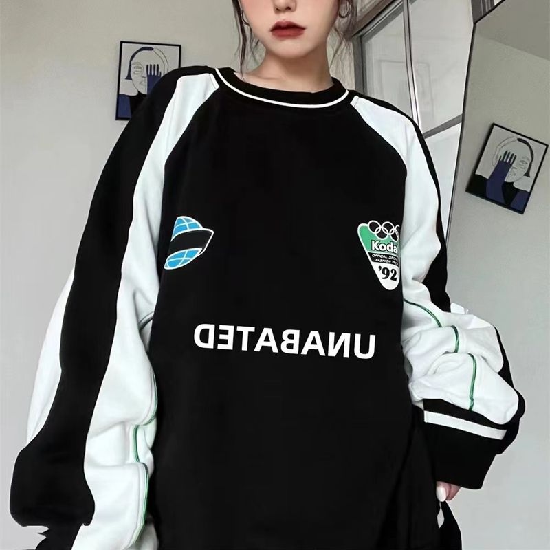 【 5496 People's Collection 】 Dámská mikina s dlouhým rukávem, kulatým výstřihem a kontrastním vzorem na podzim a zimu_voghion.com