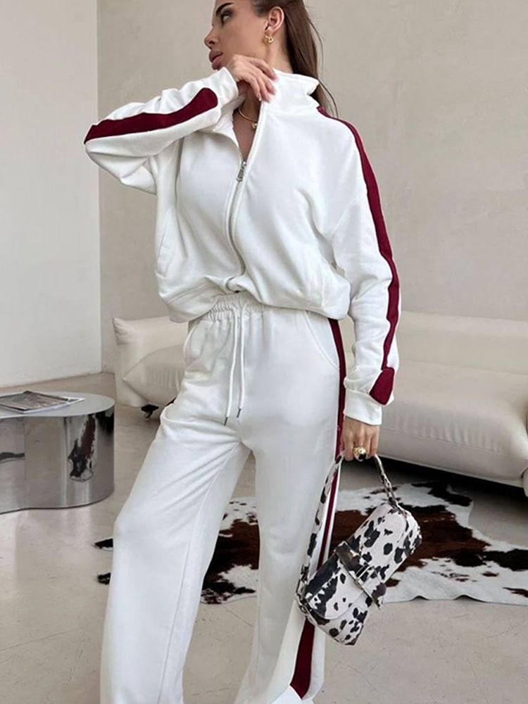 Damenbekleidung Lässiger, farblich passender Anzug Langärmliges Damen-Set aus Colorblock-Kapuzenpullover mit Reißverschluss und gestreifter Hose – Lässiges, zweiteiliges Streetwear-Outfit_voghion.com