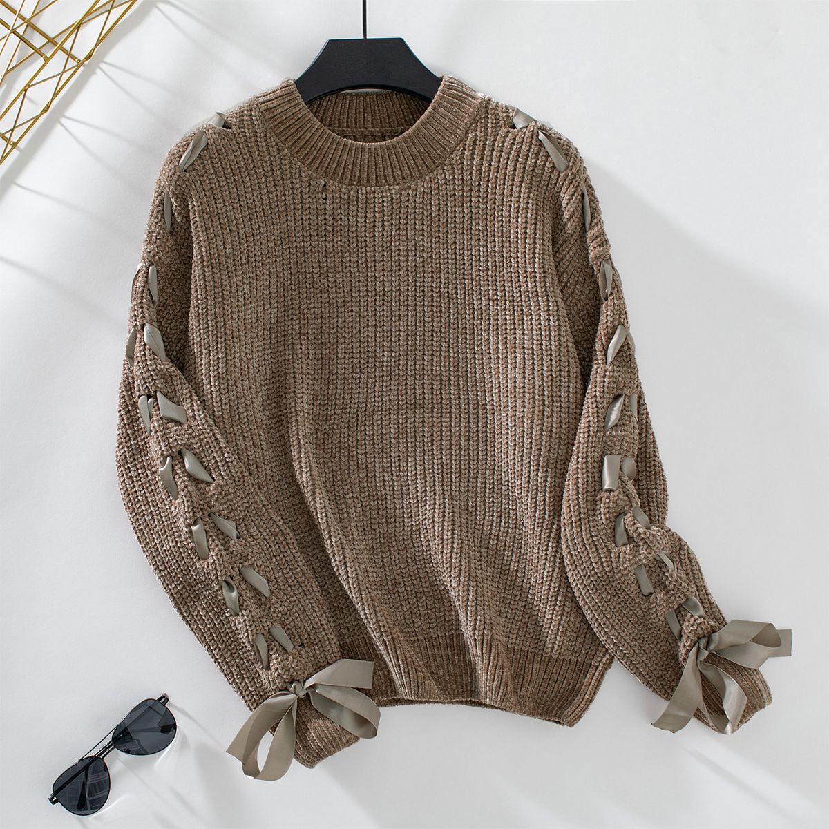 Women's Knit Sweater With Bow Tie Detail - Oversized Casual Long Sleeve Pullover For Fall & Winter_voghion.com