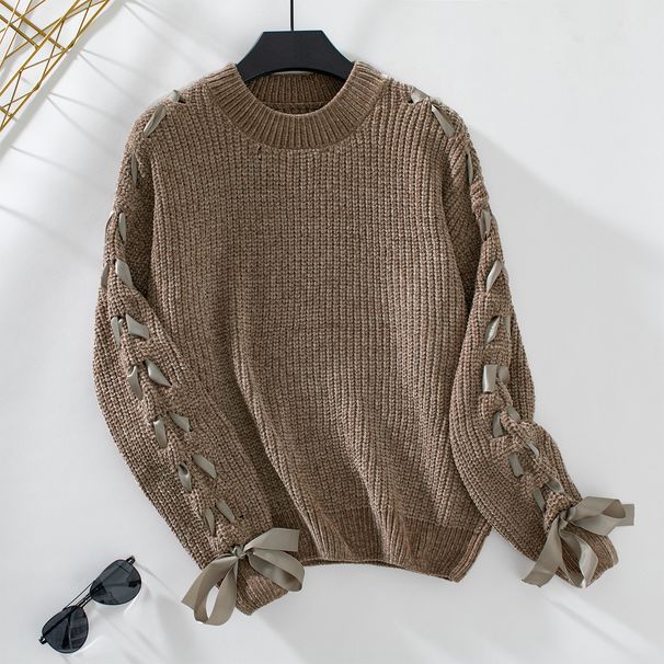 Women's Knit Sweater With Bow Tie Detail - Oversized Casual Long Sleeve Pullover For Fall & Winter_voghion.com