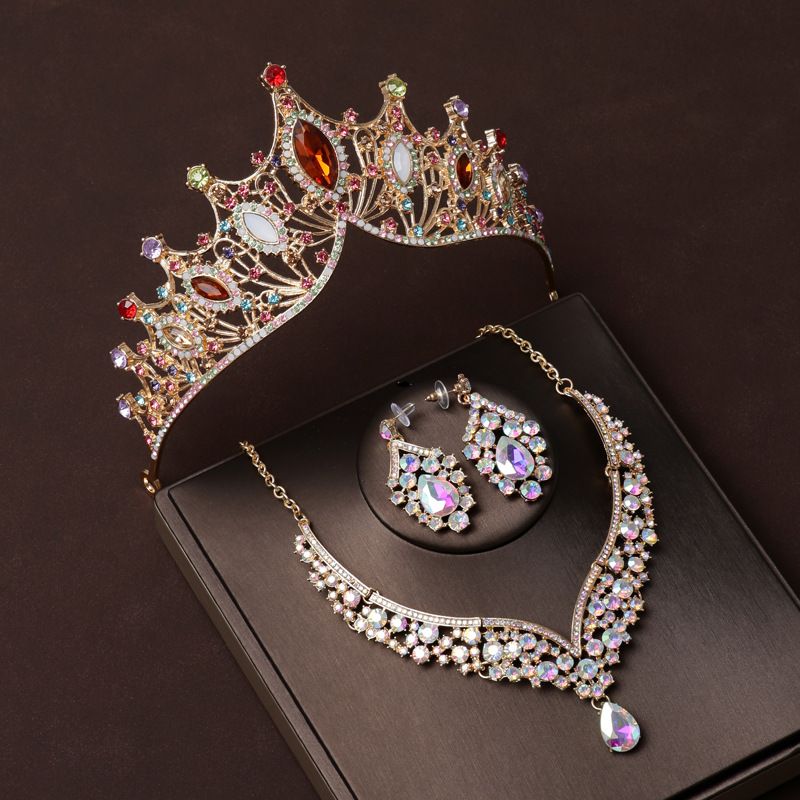 Couronne de mariage en diamant de couleur baroque, style rétro, coiffure de mariée, collier, bijoux de mariage en trois pièces_voghion.com