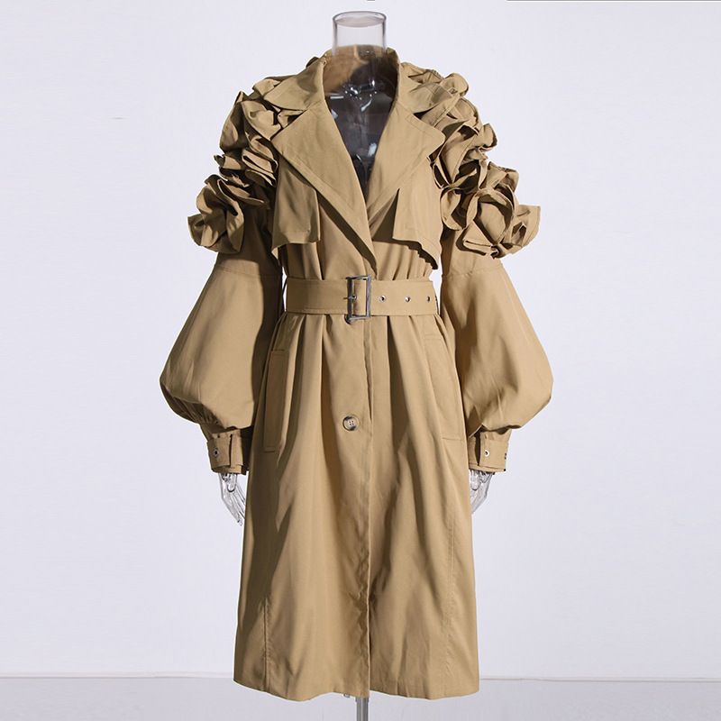 Women's Clothing Temperament commuting style mid length windbreaker lapel long sleeve ruffle stitching slim fit over the knee coat_voghion.com