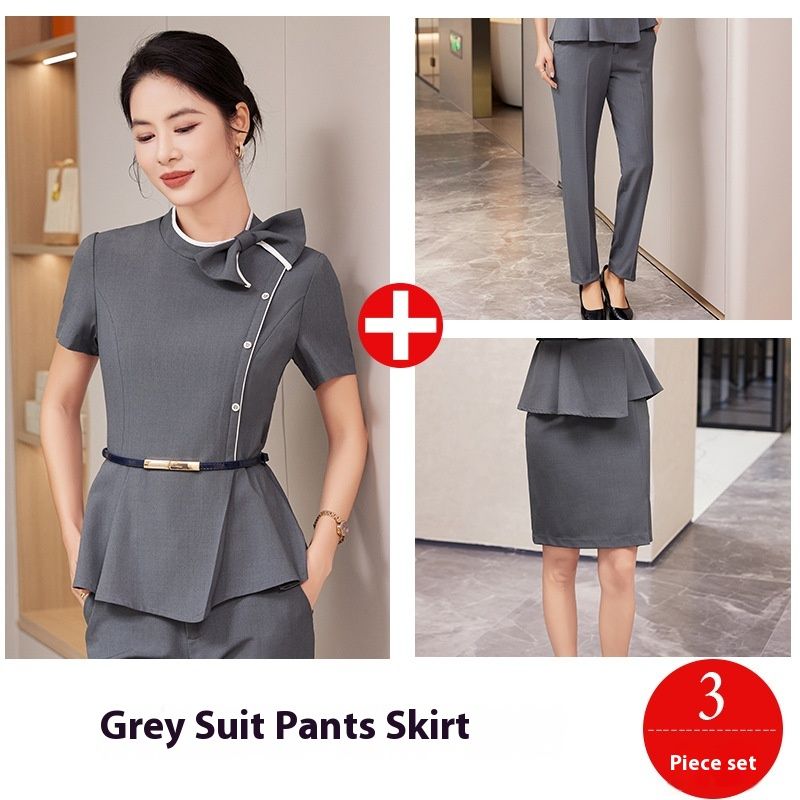 Conjunto de terno profissional de manga curta para mulheres, Slim Fit Hotel, recepção, roupa de trabalho, salão de beleza, joias_voghion.com