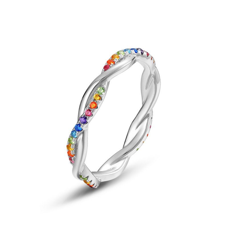 Anello dito indice con gemma colorata intarsiata in argento con zircone arcobaleno di lusso minimalista_voghion.com