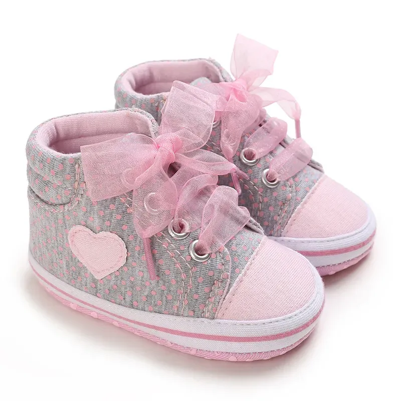 Chaussures pour bébé fille avec nœud en dentelle et pois imprimés, baskets montantes Littlesprouts décontractées à semelle souple pour nouveau-né_voghion.com