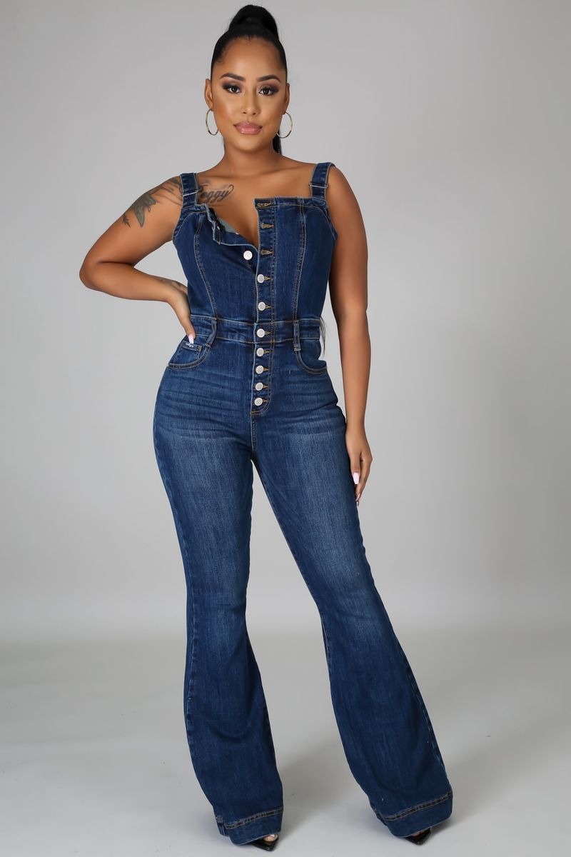 Vêtements pour femmes Combinaison en jean décontractée et sexy avec bretelles et pantalon à jambes larges_voghion.com