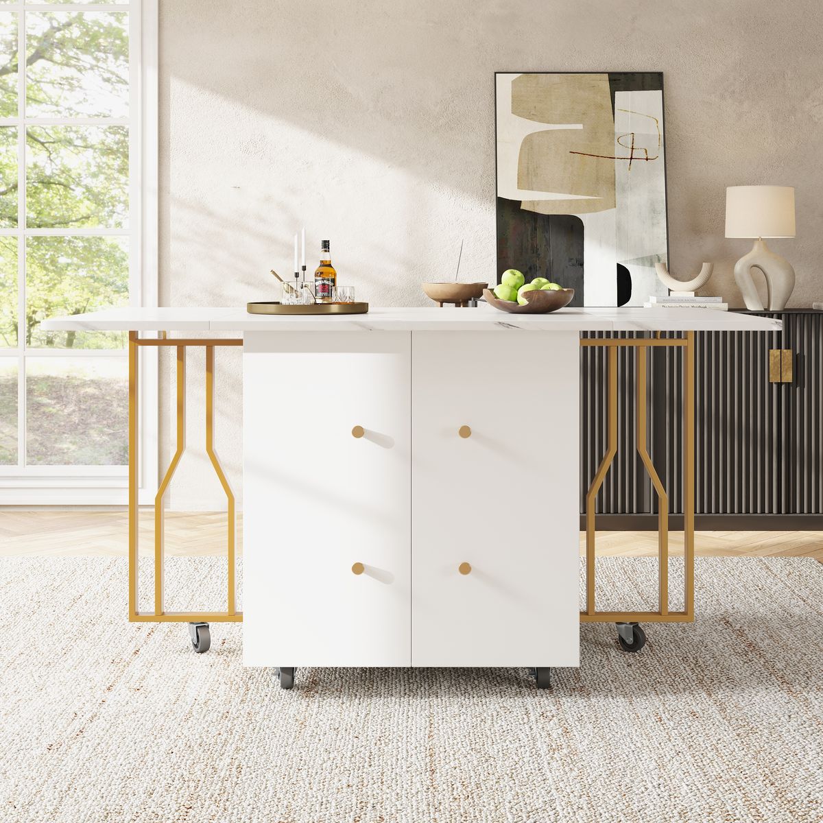 Tragbarer Esstisch Mit Klappbarer Marmorplatte, 6 Rollen, Goldene Beine_voghion.com