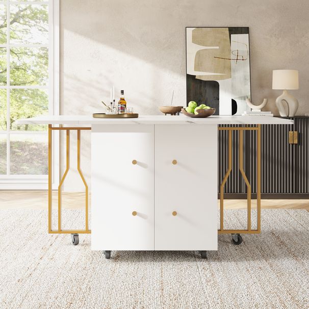 Tragbarer Esstisch Mit Klappbarer Marmorplatte, 6 Rollen, Goldene Beine_voghion.com