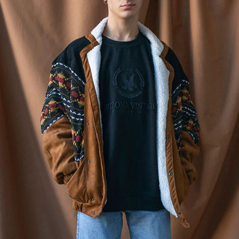 Men's Clothing independent station popular men's retro printed suede spliced ​​polar fleece jacket in stock_voghion.com