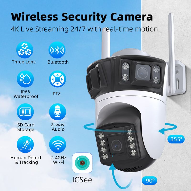 Super zicht op ICSEE 3 meter, 3-schermen intelligente high-definition, 3-shot draadloze WIFI-camera, buiten full-color_voghion.com