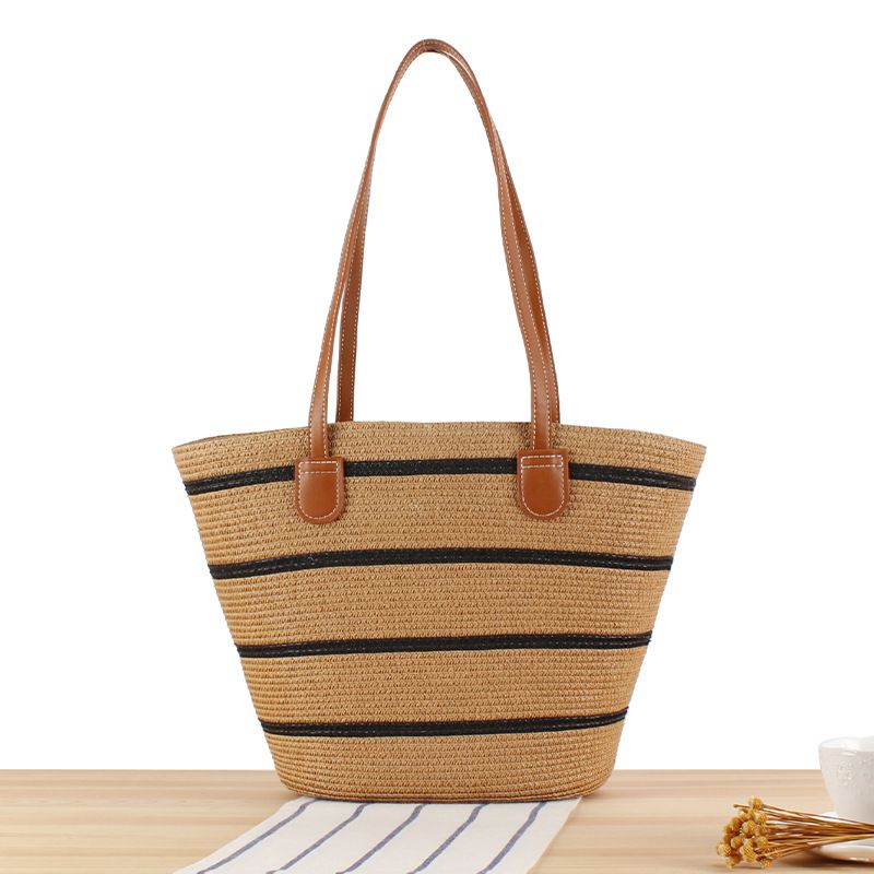 Borsa da donna a righe monopezzo, grande capacità, borsa intrecciata a mano di alta qualità, borsa a tracolla versatile per le vacanze_voghion.com