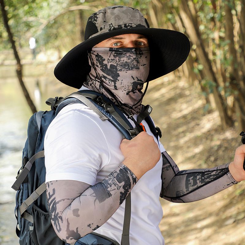 Cooling UV Protection Set - Ice Silk Face Mask, Neck Cover & Arm Sleeves With Wide Brim Bucket Hat_voghion.com