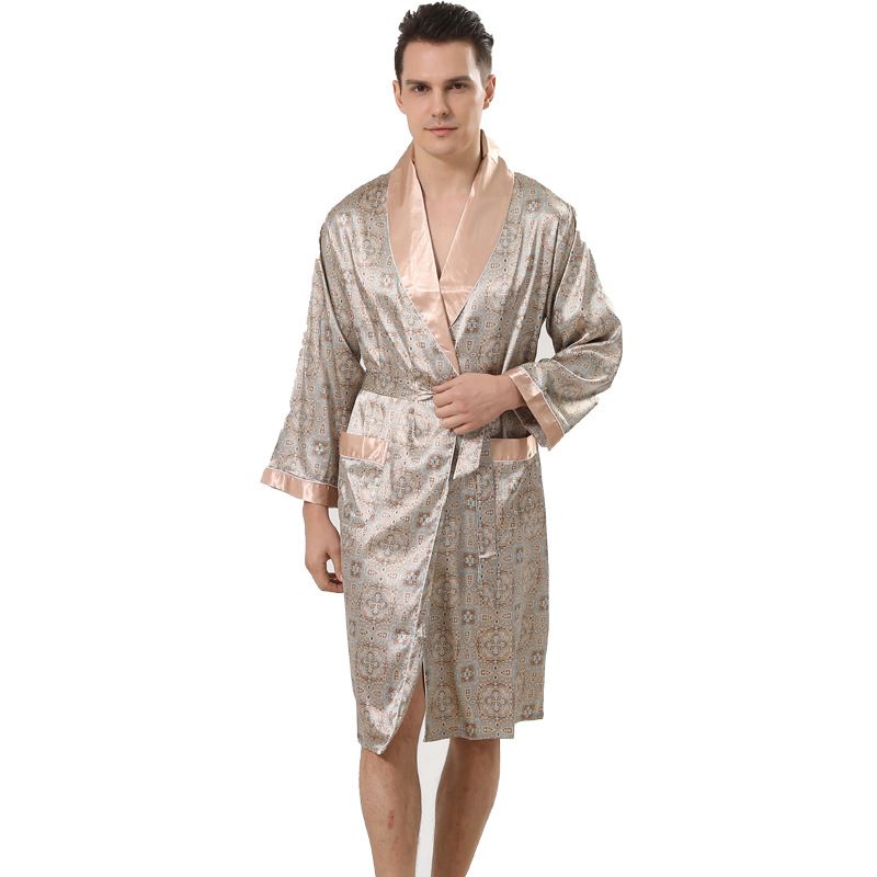camisola de seda de peça única de verão masculina, roupão fino de manga comprida, pijama masculino, roupão listrado masculino de verão_voghion.com