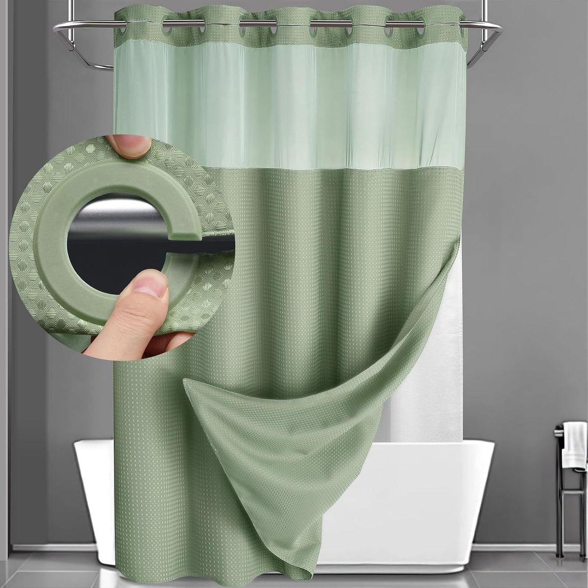 Home Furniture Hot Selling Hook Free Shower Curtain Set Double Layer (with Lining) Removable White Waffle Shower Curtain_voghion.com