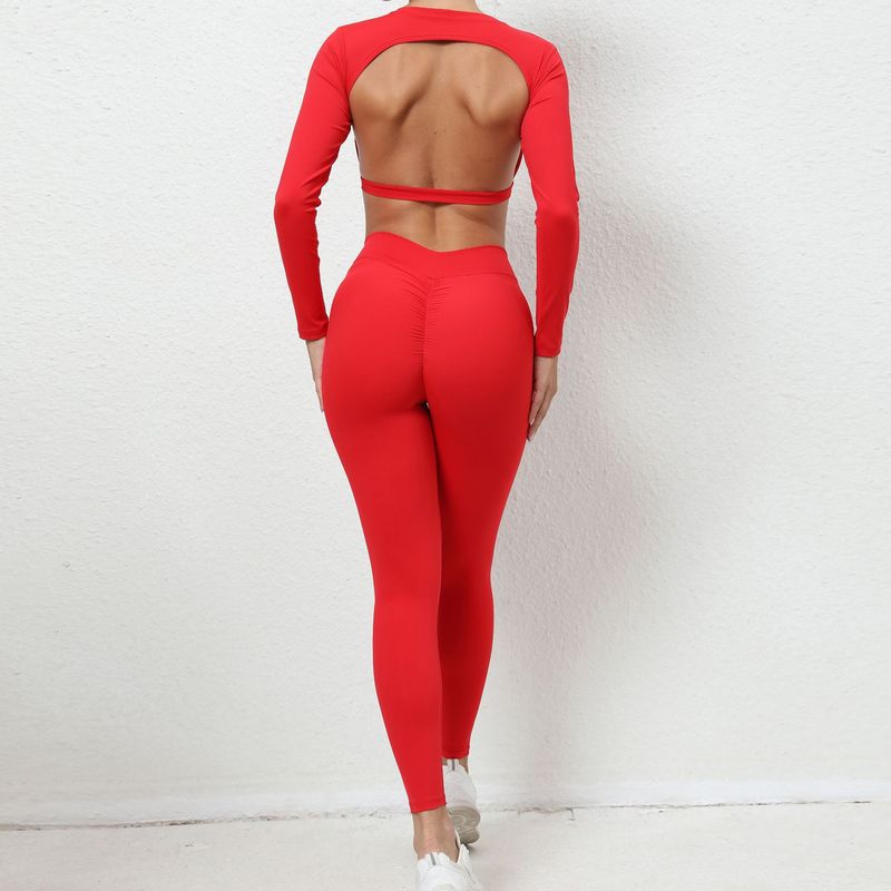 Dammekleeder Langärm Tops mat oppene Récken enk Yogahosen plakeg séier dréchent Sportsanzich Ofschlankungsfitnesskleeder_voghion.com