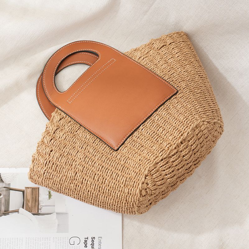 Women's Bags New Celebrity Beach Hand Held Straw Bag Hand Made Pure Color Woven Basket Literary Style Rattan Handbag_voghion.com