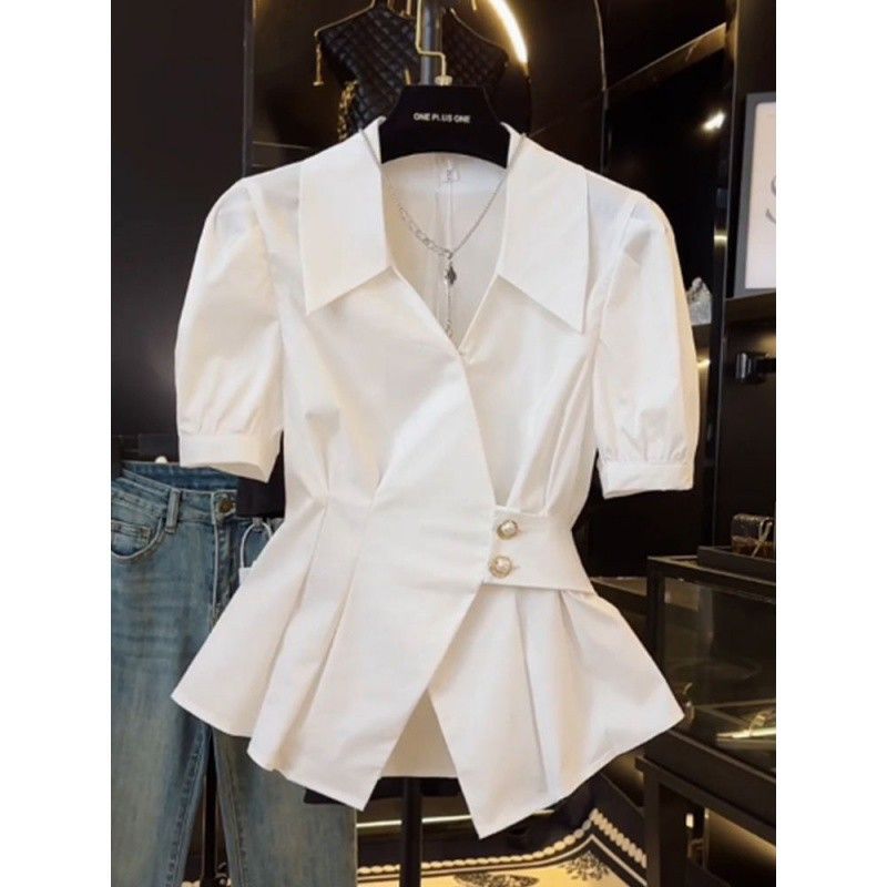 Women's Clothing Waist Short Sleeved V Neck Shirt Fashion Light Luxury Design Pleated Slim All Match Tops_voghion.com
