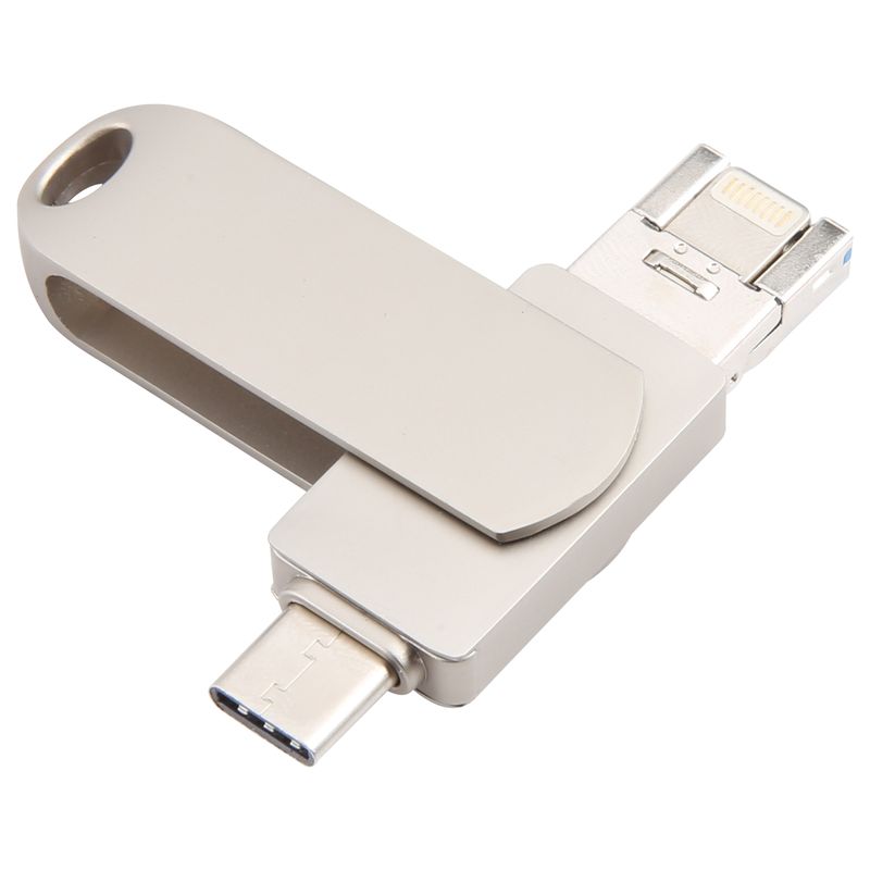 3 in 1 64G USB + 8-pins + Type-C metalen roterende push-pull-flashschijf met OTG-functie (zilver)_voghion.com