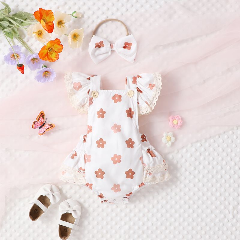 Babykleidung Baby-Mädchen-Spitze, fliegende Ärmel, Blumen überall im Dreiecks-Krabbelanzug und Diadem_voghion.com