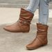 Runde Zehen Damenmode Stiefel flache Unterseite Pu Nieten Damen kurze Stiefel Gürtelschnalle Metall braun niedrige Röhre Damenstiefel_voghion.com