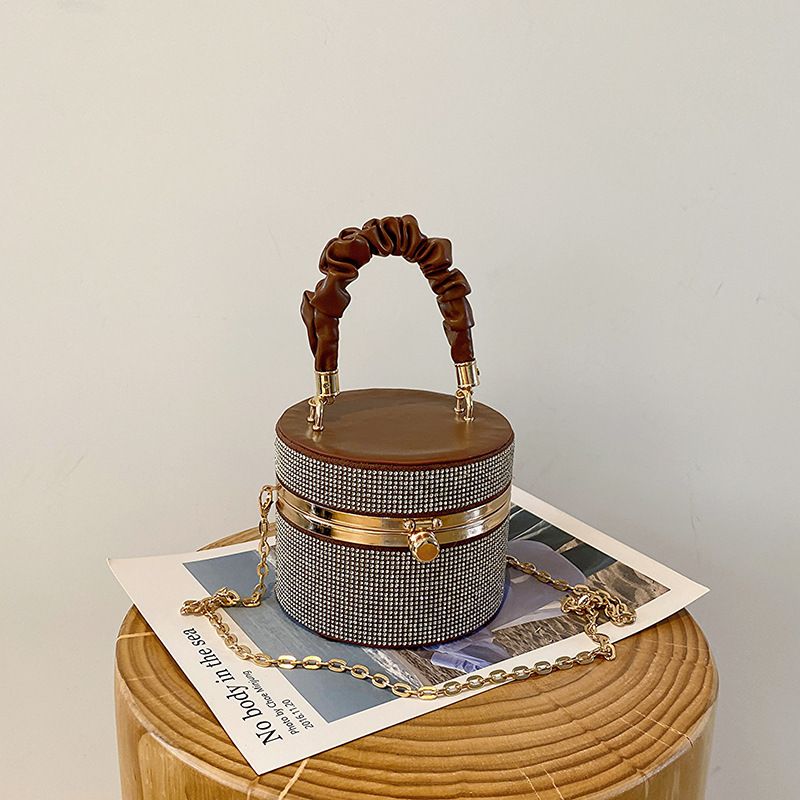 Borsa a secchiello con mini diamante flash semplice ed elegante, borsa a tracolla con catena plissettata versatile per le donne_voghion.com