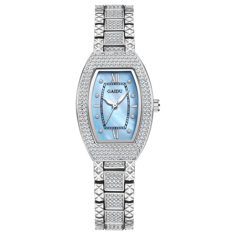 Elegante Damenuhr mit Diamantakzenten, Edelstahlarmband, eimerförmigem Zifferblatt, Quarzwerk, wasserdicht bis 30 m_voghion.com