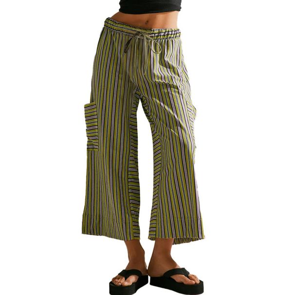 Damen Sommerhose mit Tasche, gestreift, gerader Kordelzug, weites Bein, Strand, lässig, lange Hose_voghion.com