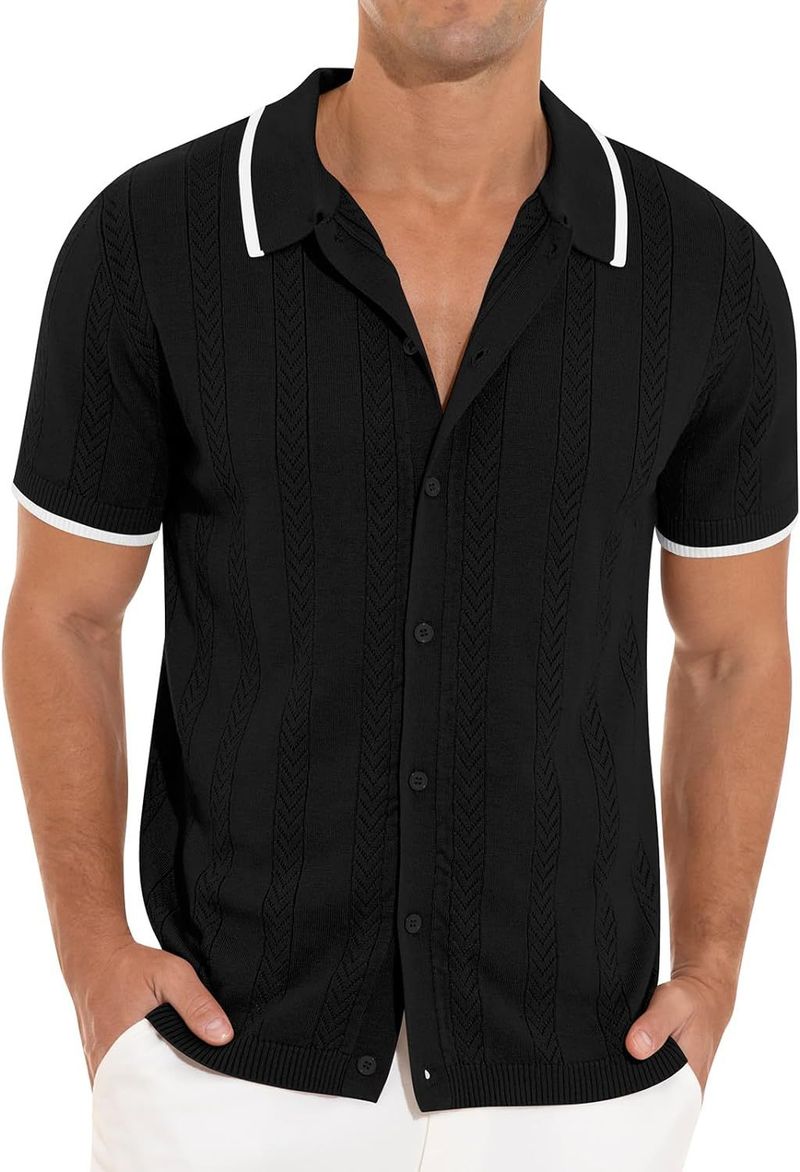 Men's Clothing Casual Knitted Solid Color Short Sleeved Splicing Hollow Breathable Tops_voghion.com