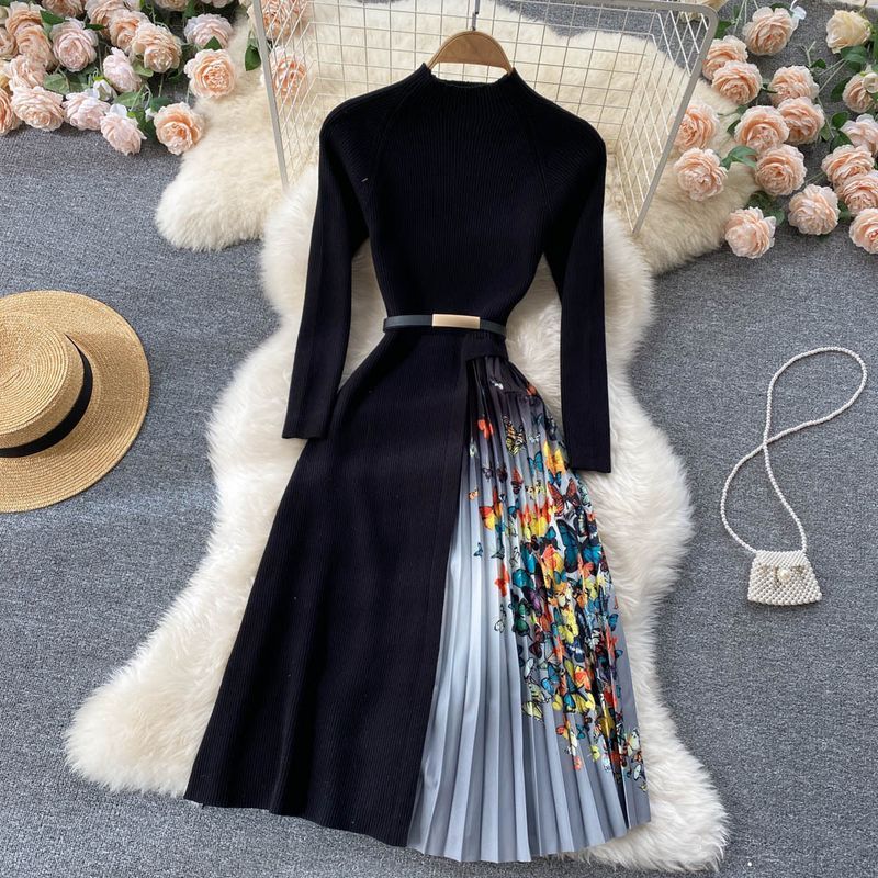 Robe en tricot patchwork plissée à imprimé dégradé de style Hepburn pour femme avec col montant élégant et taille fine_voghion.com