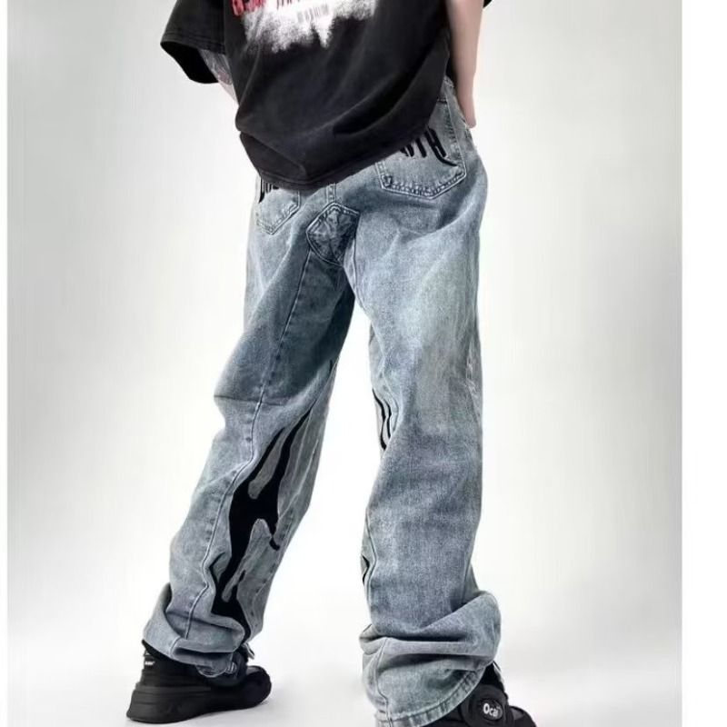Herretøj Vasket broderede jeans Herre Trendy mærke Niche Løs Alsidig Lige Casual Bukser med brede ben_voghion.com
