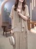 Artistic Cotton Linen For Women 2024 Summer New Ethnic Style Loose Slimming Belly Covering Elegant Two-Piece Set_voghion.com