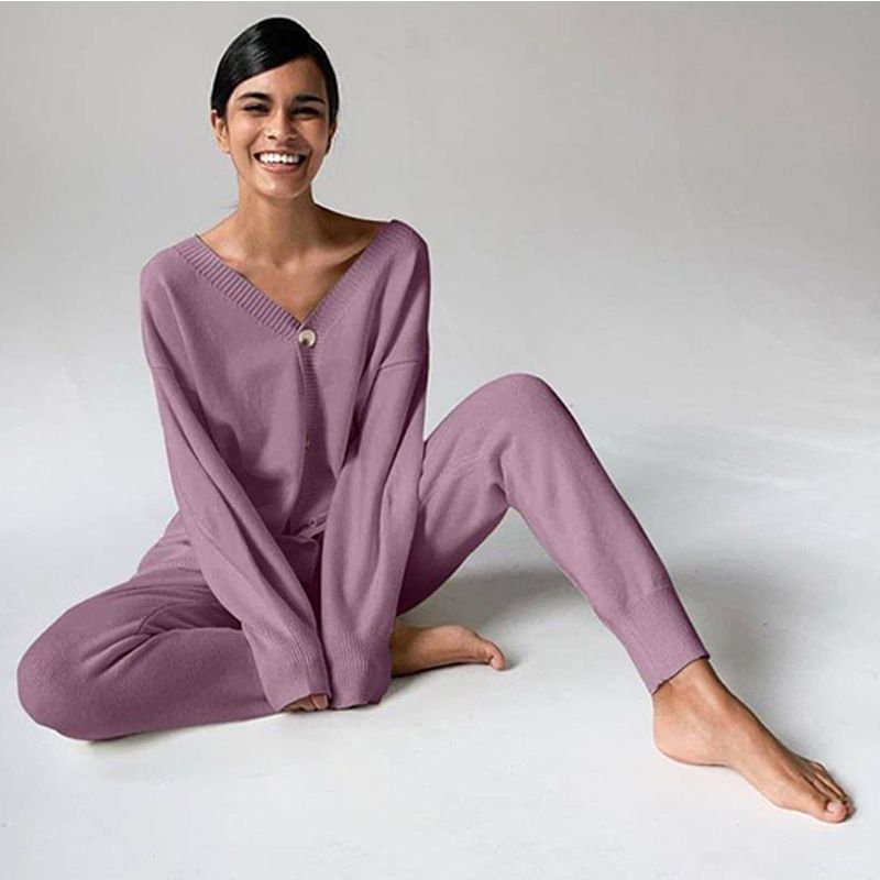 Damenbekleidung Pullover-Set Lässig Locker Einfarbig Langarm Strickjacke Strickhose Zweiteiliges Set_voghion.com