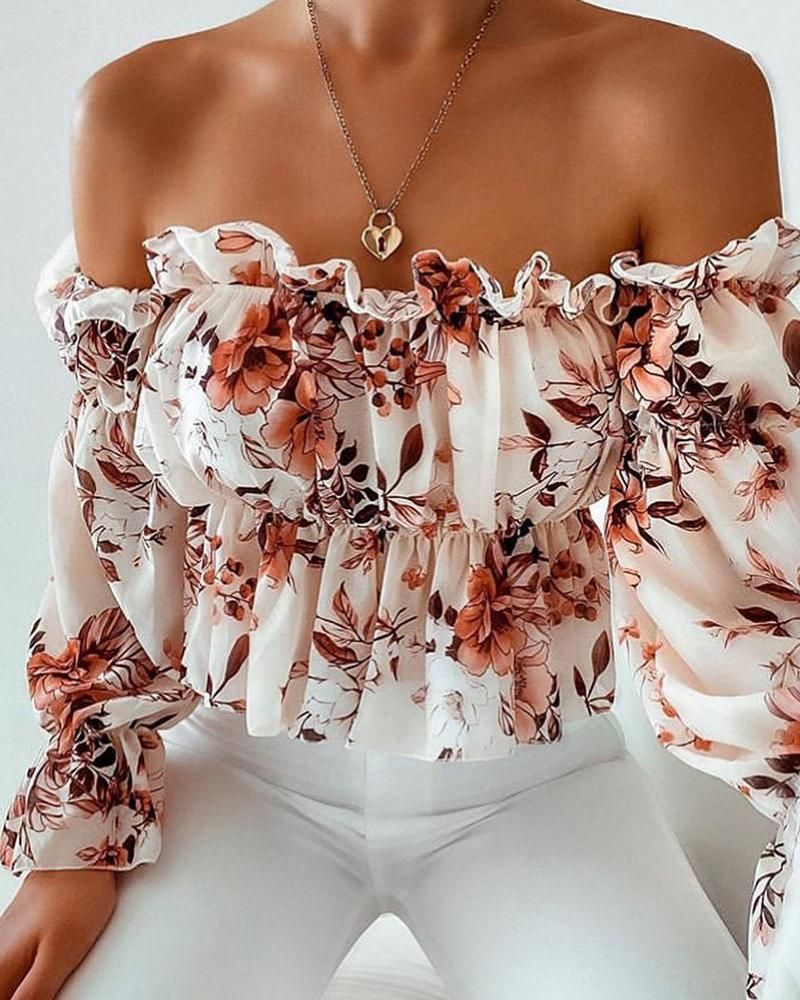 Weißes Langarmhemd mit Blumenmuster und One-Shoulder-Träger_voghion.com