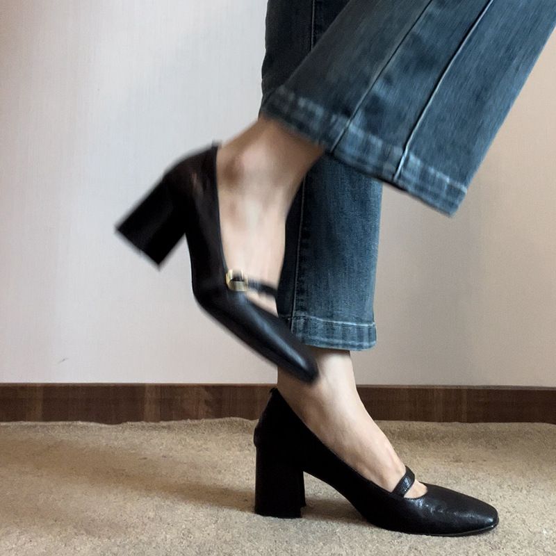 Mary Jane High Heels Women, Short Heel, Square Head, Black Leather Shoes, 2025, Suitable For Wearing Skirts, Fashionable Exquisite!_voghion.com