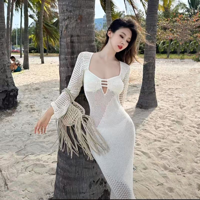 Bikini Swimsuit, Women's Cover Up, Jacket, Knitted Hollow Out Sun Protection, Beach Vacation, Big Backless, Soaking In_voghion.com