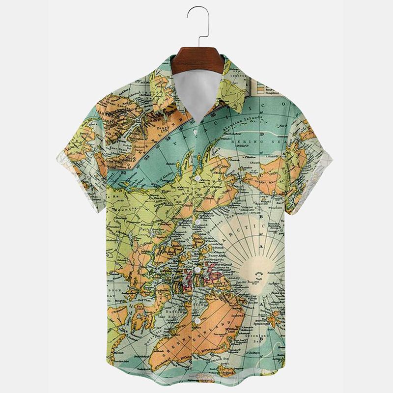 Zomer Oversized Heren Kaart Bedrukt Jeugd Revers Casual Korte Mouw Bloemen Shirt_voghion.com