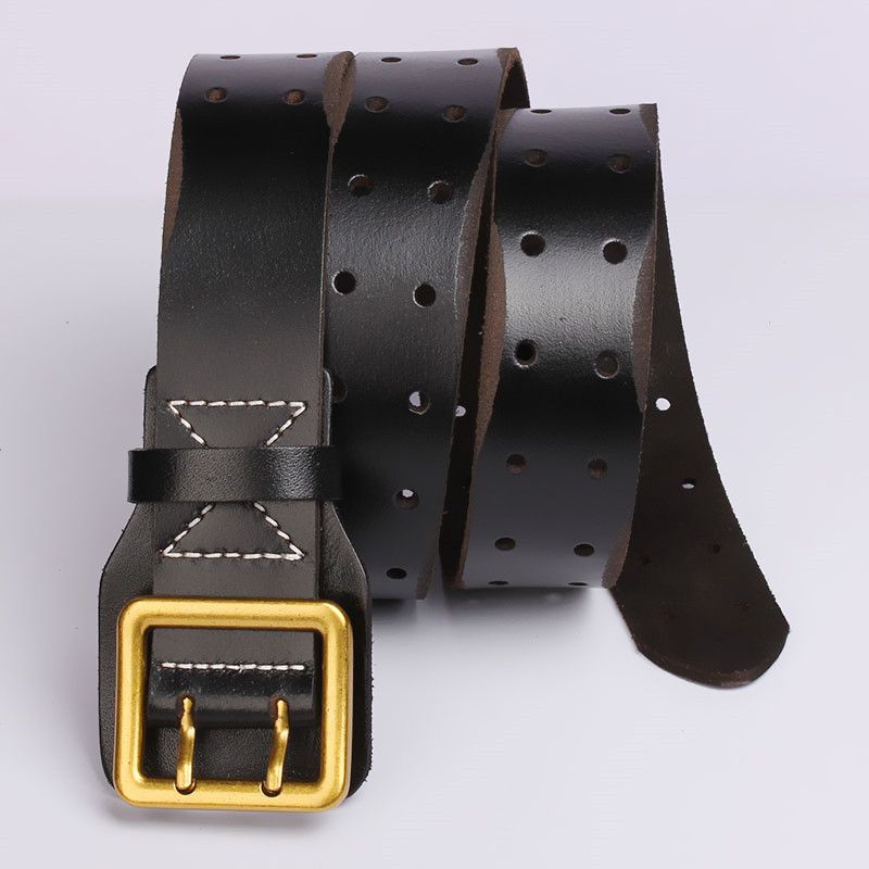 Cinto jeans masculino de couro legítimo com fivela dupla italiana e camada superior de couro bovino_voghion.com