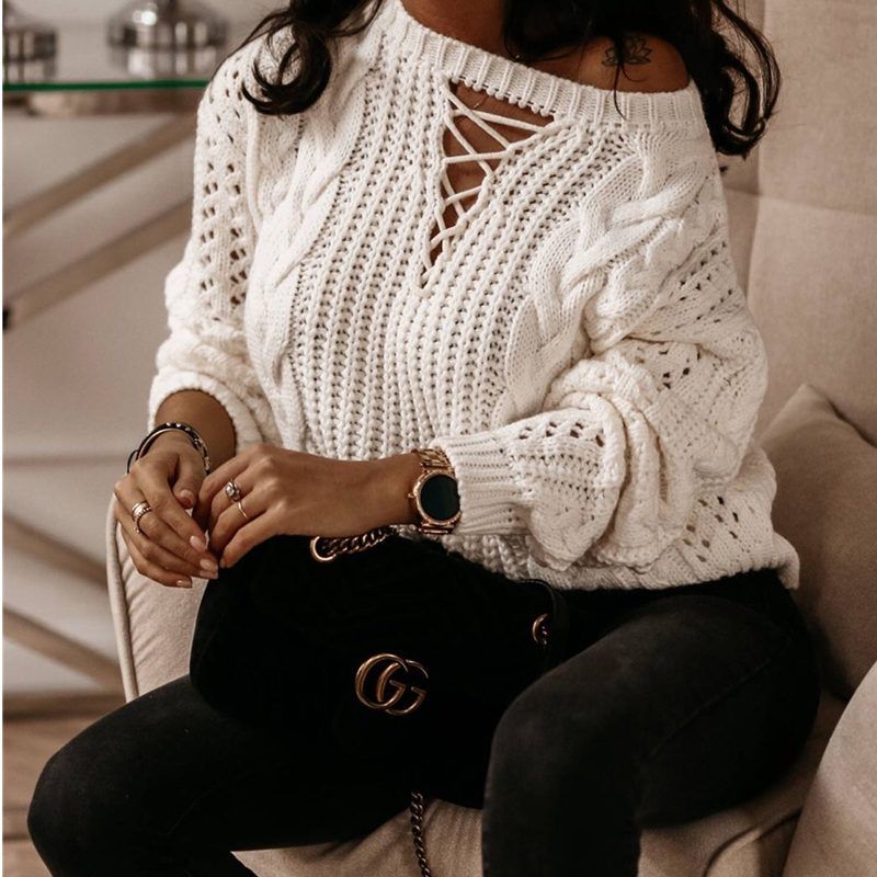 Pull tricoté sexy à épaules dénudées avec corde ajourée pour femme_voghion.com