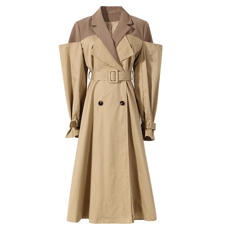 Modischer zweifarbiger Patchwork-Trenchcoat mit Fake-Zwei-Anzug-Kragen für Damen_voghion.com