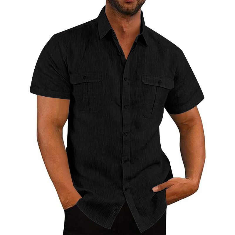Men's Short Sleeve Shirt Solid Color Patch Pocket Cardigan Loose Lapel Linen Shirt_voghion.com