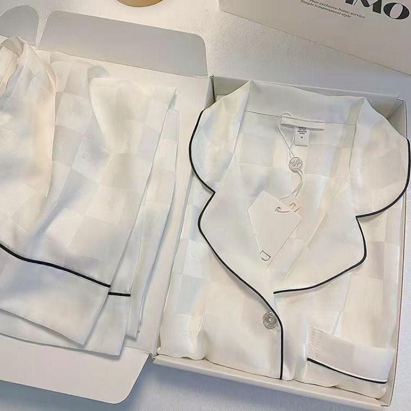 'Texture Choice' lente- en herfstpyjama: damespyjama met lange mouwen en dunne stof, zijden stof, nieuwe high-end stijlset_voghion.com