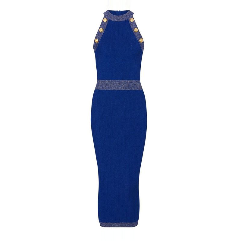 Mouwloze, elastische, halflange, heupomsluitende, nauwsluitende damesjurk met knoopsluiting en veelzijdige gebreide bovenkleding_voghion.com
